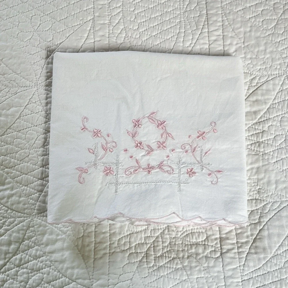 Vintage Hand Embroidered Cotton One Pillowcase Pink Flowers Floral Ring Scroll